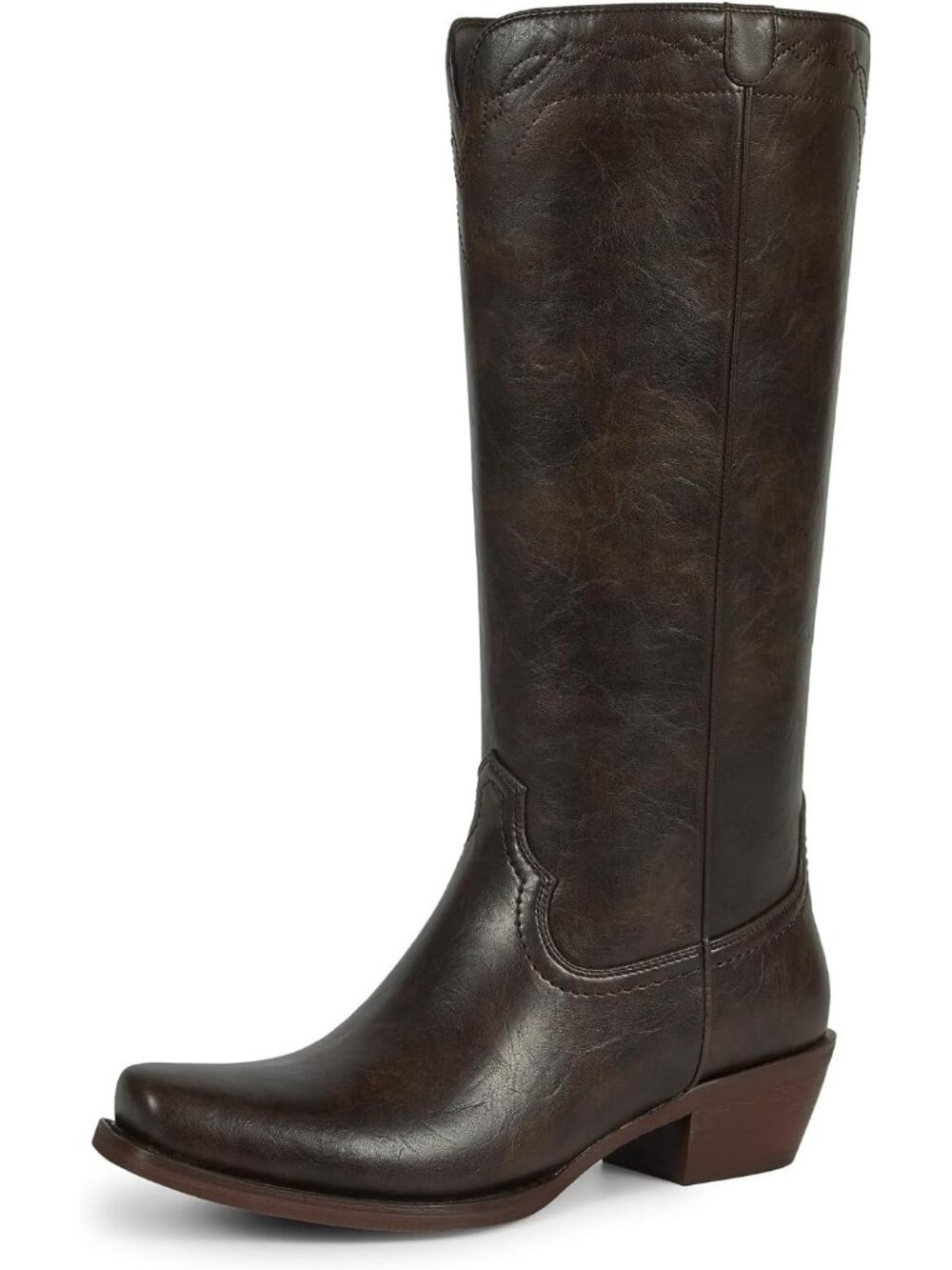 Women Coffee Leather Pull On Knee High Cowgirl Retro Embroidered Chunky Heel